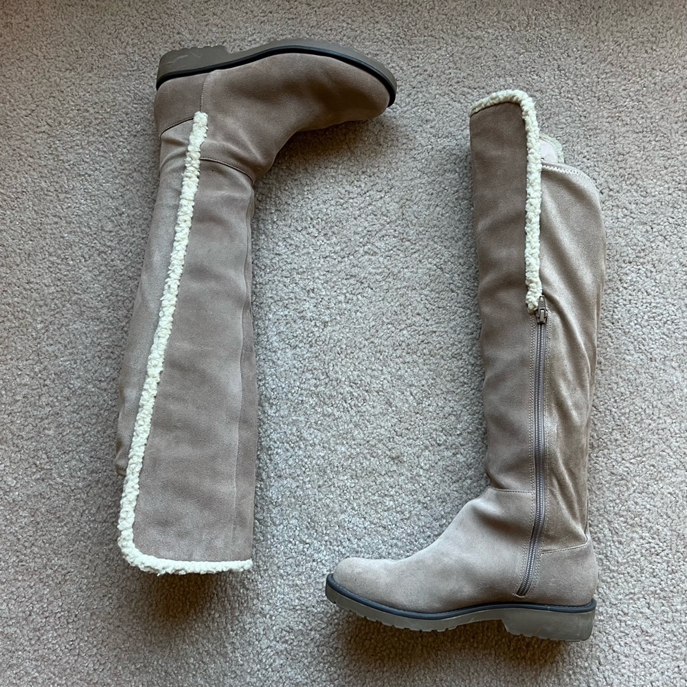 Sole Society “Juno” Over the Knee Boot Suede w Faux Shearling Trim - Taupe - Picture 3 of 10